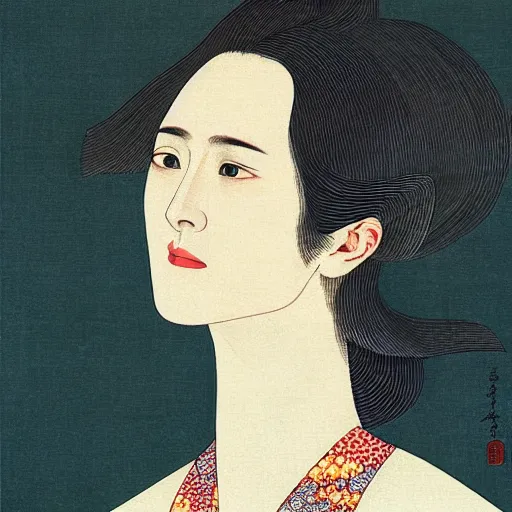 Image similar to “ evan rachel wood portrait by ikenaga yasunari and ayana otake and ko rakusui, 6 0 s poster, drawing, realistic, sharp focus, japanese, dreamy, nostalgia, faded, golden hues, floral clothes, porcelain skin ”