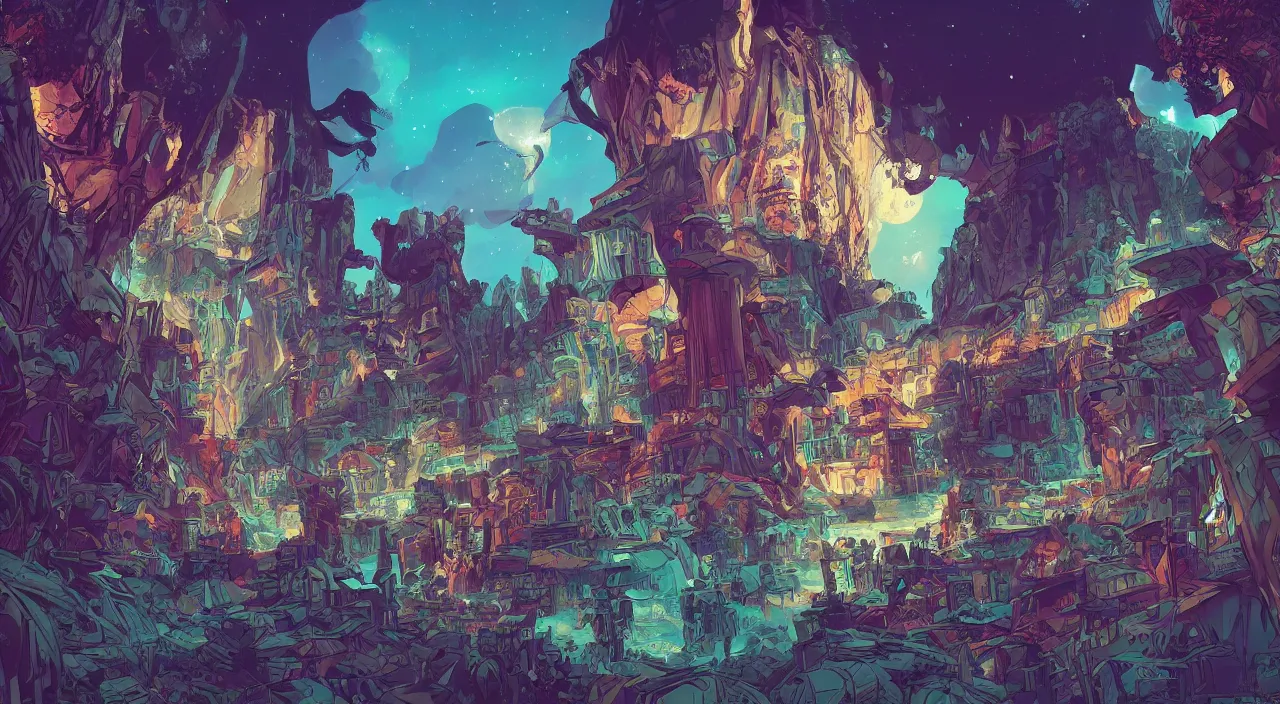 Image similar to vector wonderland bazaar zouk old egypt sky shine epic fantasy painting photoshop that looks like it is from borderlands and by feng zhu and loish and laurie greasley, victo ngai, andreas rocha, john harris