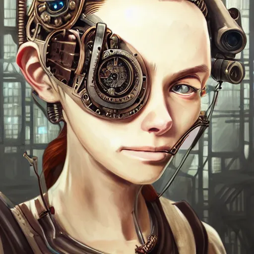 Image similar to portrait painting of a steampunk cyborg drug addict, transhumanism, ultra realistic, concept art, studio ghibli, intricate details, eerie highly detailed