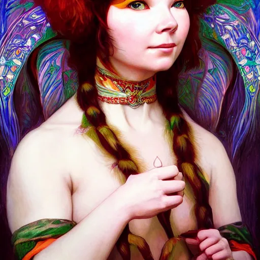 Image similar to portrait of bjork as dmt elf, 8 k highly detailed, sharp focus, illustration, art by artgerm, mucha, bouguereau