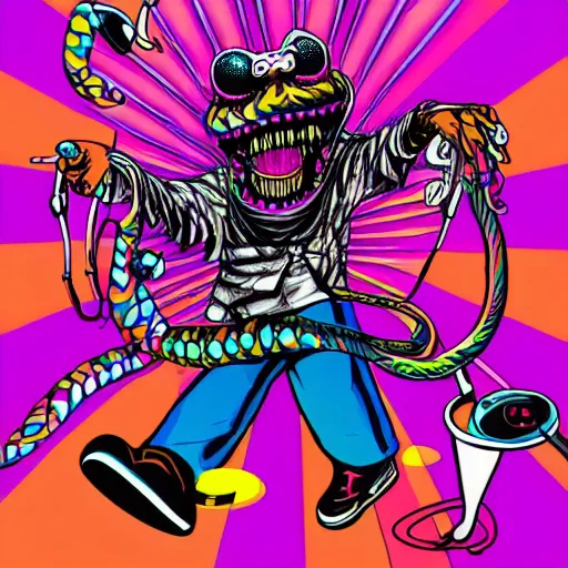 Image similar to artgerm, psychedelic laughing demon, rocking out, headphones dj rave, digital artwork, r. crumb, svg vector