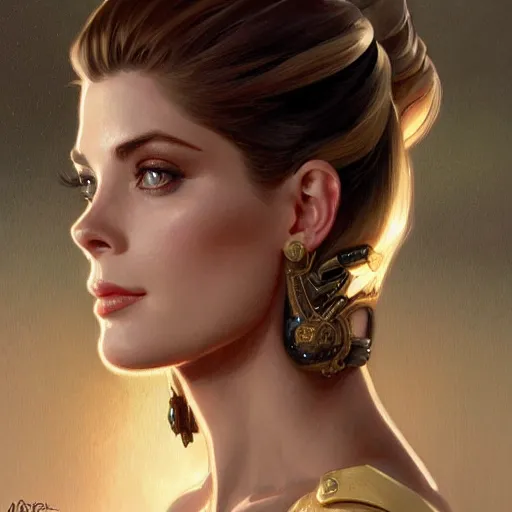 Image similar to Ashley Greene's and Grace Kelly's faces combined as a Space Marine, western, D&D, fantasy, intricate, elegant, highly detailed, digital painting, artstation, concept art, matte, sharp focus, illustration, art by Artgerm and Greg Rutkowski and Alphonse Mucha