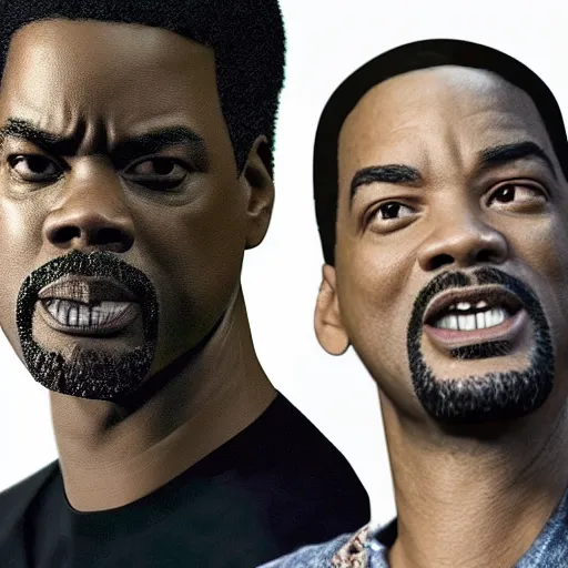 Image similar to chris rock is seen face slapping will smith, shadow harsh lights, dramatic scene, hyper detailed, digital art, trending in artstation, cinematic lighting, studio quality, smooth render, unreal engine 5 rendered, octane rendered