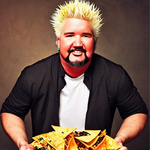 Prompt: guy fieri with trashcan nachos by greg hildebrant fancy rococo baroque regal oil painting high quality award winning clothed in fancy garb