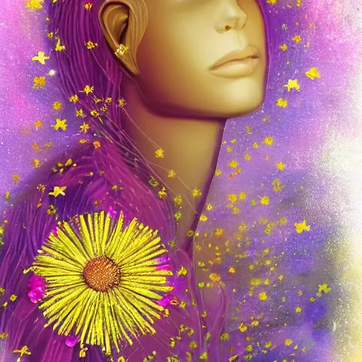 Prompt: man made of beautiful flowers and stars. fantasy art. trending on artstation. 4 k. pastel. golden foil. elegant. rose, dandelion, chamomile, lily