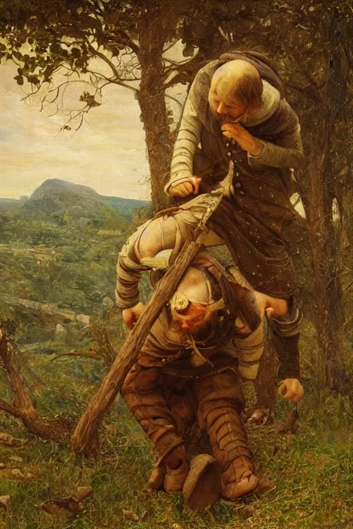 Image similar to a stumbling and falling medieval man as a oilpainting by Sophie anderson