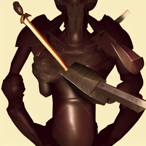 Prompt: a stylized image of a creature with a sword, a character portrait by Michelangelo, polycount, antipodeans, low poly, y2k aesthetic, ps1 graphics