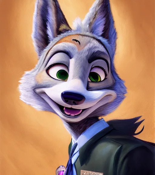 Image similar to oil painting of detailed full body of anthromorphic female wolf, in style of zootopia, zootopia, zootopia, fursona, furry, furaffinity, 4 k, deviantart, furry art, fursona art, wearing black business suit, business suit, in style of zootopia, wolf fursona, cyberpunk, female, expressive detailed feminine face,