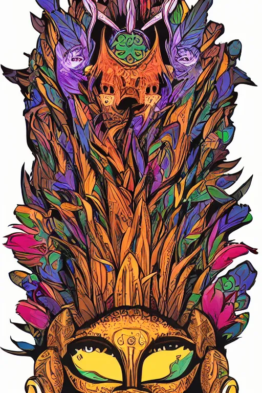 Image similar to animal mask totem roots flower tribal feather gemstone plant wood rock shaman vodoo video game vector cutout illustration vivid multicolor borderlands comics by josan gonzales and dan mumford radiating a glowing aura