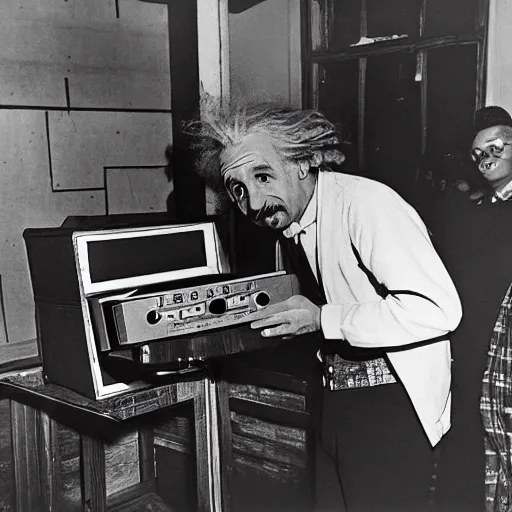 Image similar to photo of Albert Einstein DJing a record player at a nightclub, vintage, highly detailed facial features, at a nightclub