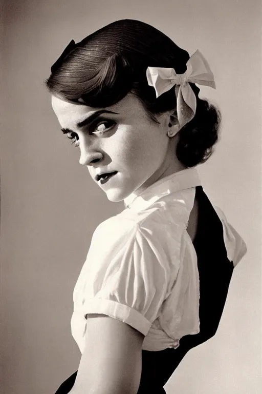 Image similar to photo photorealistic portrait photograph Emma Watson as penthouse maid 1950s portrait by Norman Rockwell