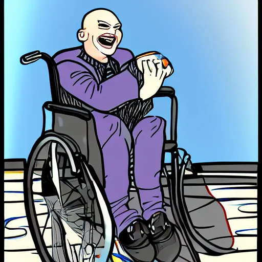 Image similar to billy corgan in an old man's wheelchair in front of an amusement park, laughing, smiling at child's photograph, realistic photo, photoshop, cartoon drawing, hand drawn, digital cartoon, caricature