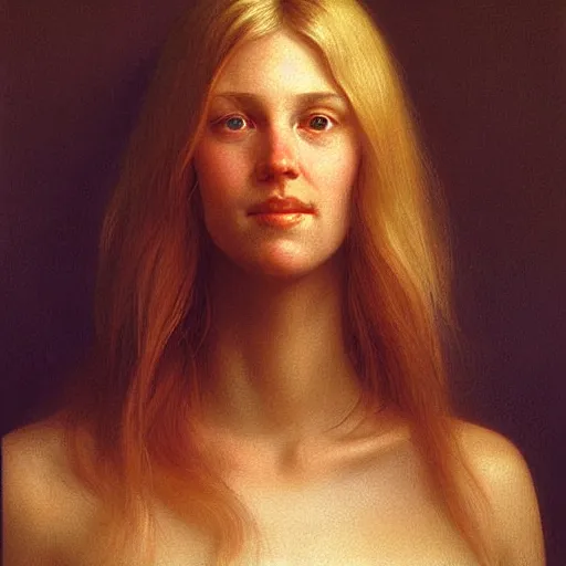 Image similar to Facial portrait of a cute shy woman, looking away from the camera, awkward smile, mouth slightly open, lips slightly parted, long blond hair, no hands visible,, intricate, extremely detailed painting by Henry Justice Ford and by Greg Rutkowski and by Moebius, golden hour