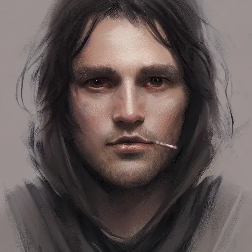 Image similar to portrait of a man by greg rutkowski, british features, messy black long hair, black robes, star wars expanded universe, he is about 2 0 years old, wearing jedi robes, highly detailed portrait, digital painting, artstation, concept art, smooth, sharp foccus ilustration, artstation hq