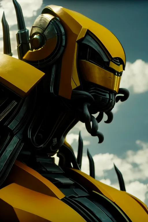 Image similar to a cinematic still from westworld, bumblebee, octane render, nvidia raytracing demo, masterpiece, aged armor plating, aggressive head,