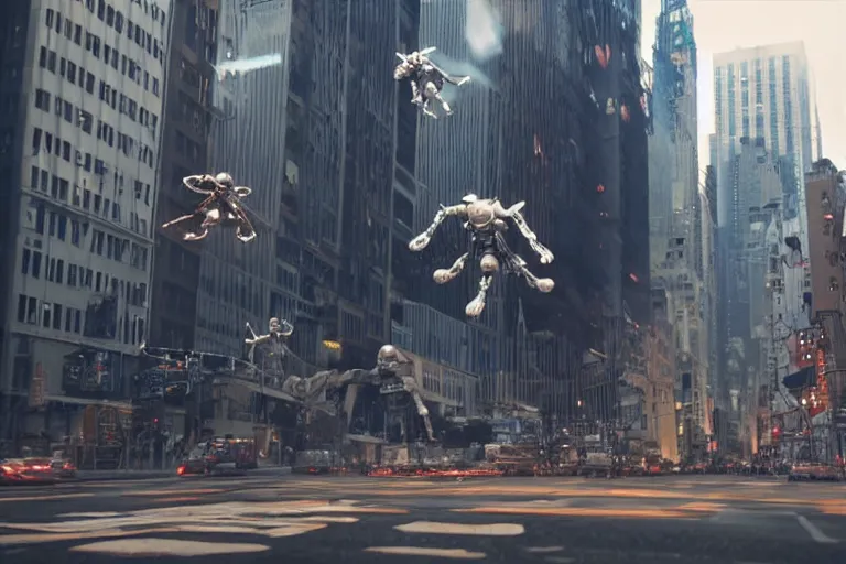 Image similar to VFX movie of a flying dark futuristic robot cyborg superhero with 6 arms levitating on New York street, atmospheric , by Emmanuel Lubezki