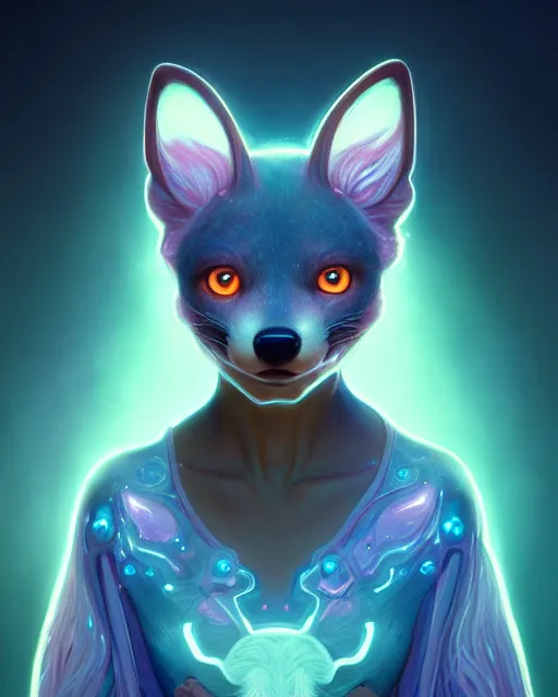 Prompt: one singular portrait of a cute bioluminescent 🦊, highly detailed, digital painting, cinematic, hyper realism, dark retrowave, art by Stanley Lau and Artgerm and magali villeneuve and Alphonse Mucha, artstation, octane render, cgsociety