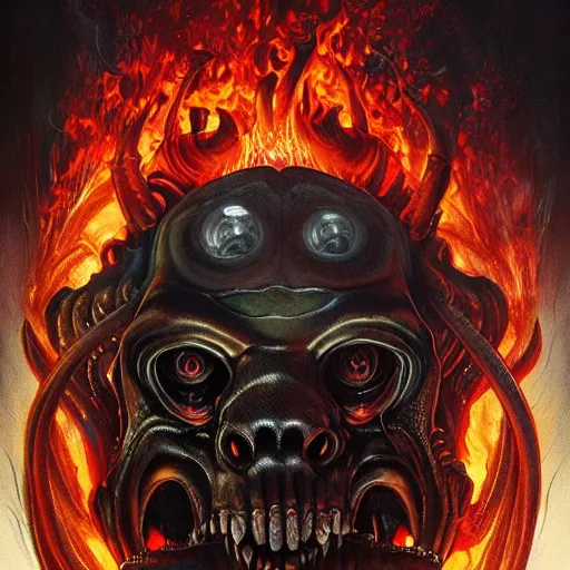 Prompt: giger doom demon portrait, fire and flame , Pixar style, by Tristan Eaton Stanley Artgerm and Tom Bagshaw.