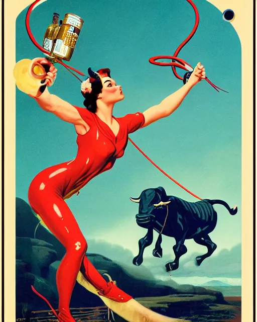 Prompt: The Spirit of the Bull Run, a cowboy headed serpent, suspended in glowing lava lamp cloning tank promotes Uncle Aloysius brand bottled bull run stimulant tonic SNAKE OIL, art by gil Elvgren and Ilya kuvshinov