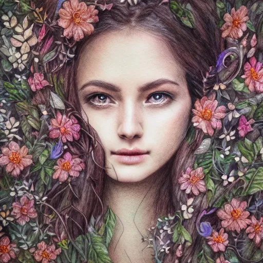 Image similar to a detailed pencil drawing of a beautiful woman clothed in flowers and leaves standing in an enchanted forest, high fantasy, elegant, epic, detailed, intricate, watercolor, concept art, realistic detailed face, smooth, focus, rim light, detailed 8 5 mm f / 1. 4, anamorphic lens