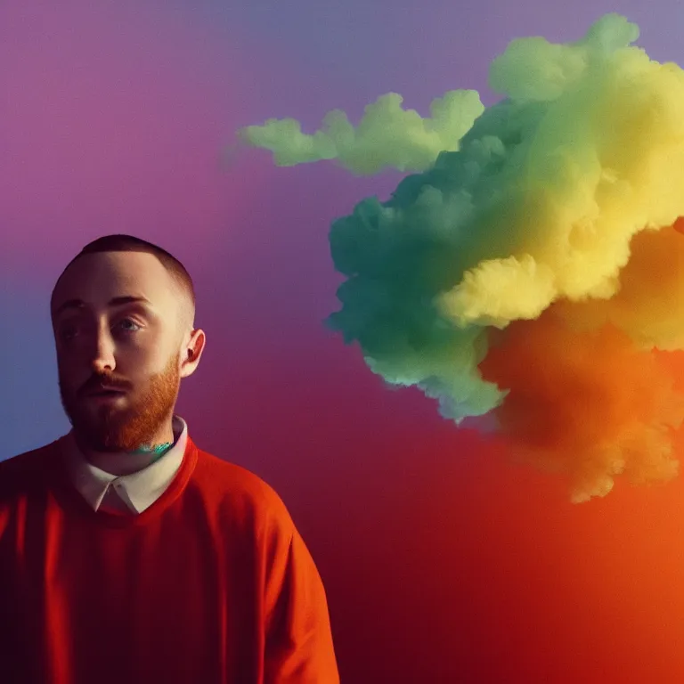 Image similar to mac miller blowing out a colorful cloud holding a joint, cinematic lighting, octane render, a wonderful painting by mateusz urbanowicz