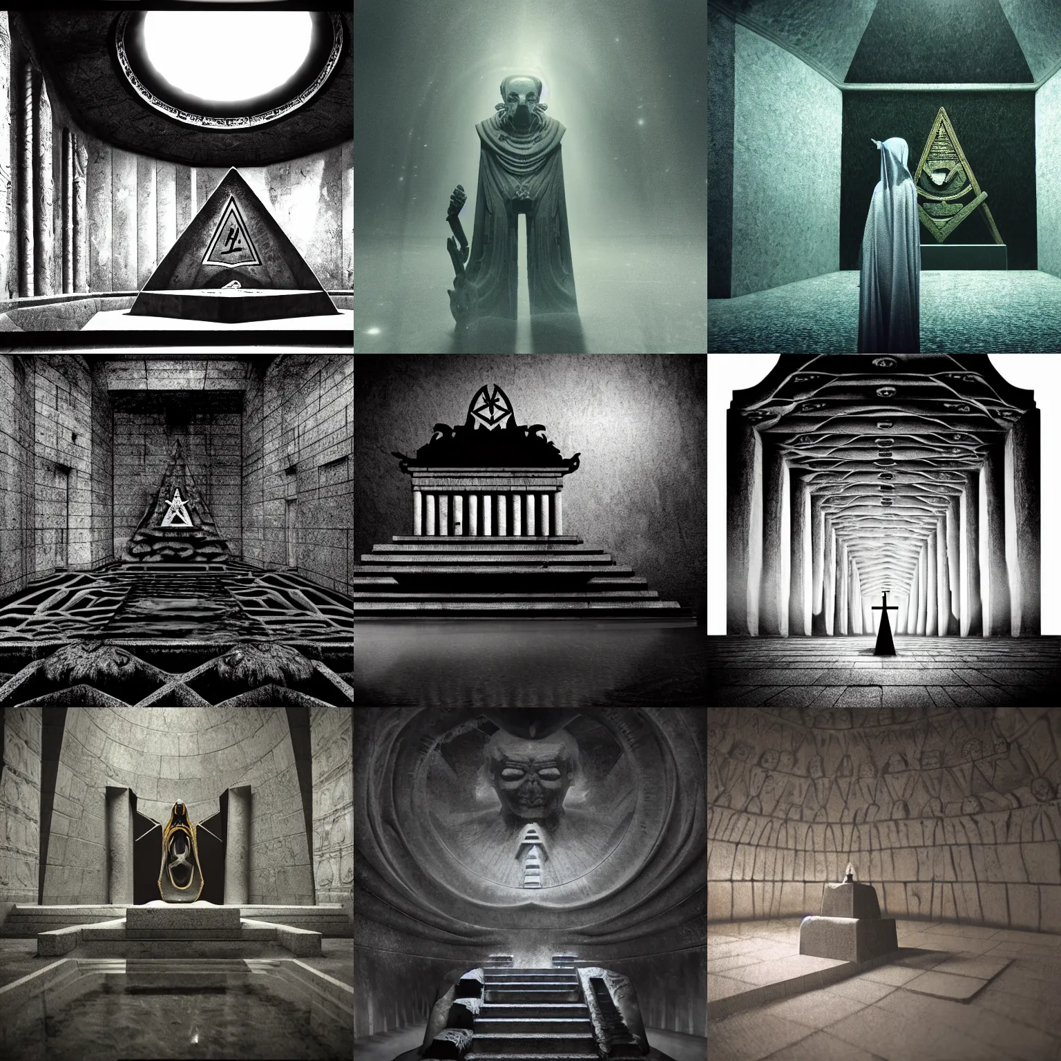 Prompt: Demonic masonic style occult hyperrealism cinematic dark magus style seinen manga film still inspired by tomb(1970), submerged temple scene, regalia half submerged in heavy oil, tilt shift zaha hadid designed babylonian temple background, Panavision X III , 8K, 35mm lens, three point perspective, chiaroscuro, highly detailed, golden ratio, by Allister Crowley, by moma, by Nabbteeri by Sergey Piskunov