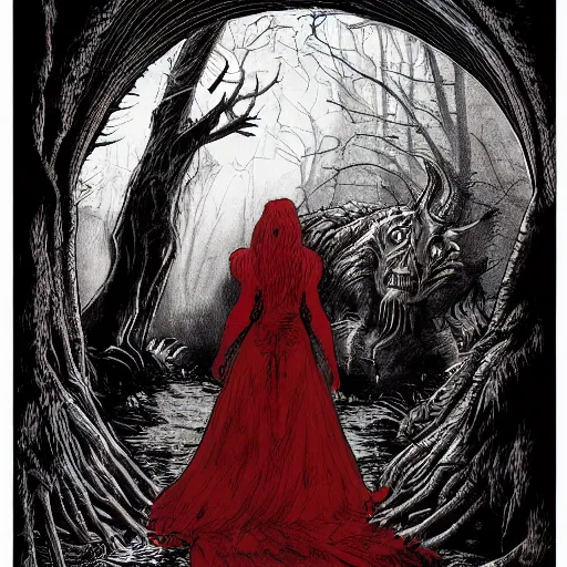 Prompt: nightmare creature | Lady in Red | 19th century wood-engraving , whole page illustration , art in the style of greg rutkowski and thomas kinkade and Larry Elmore