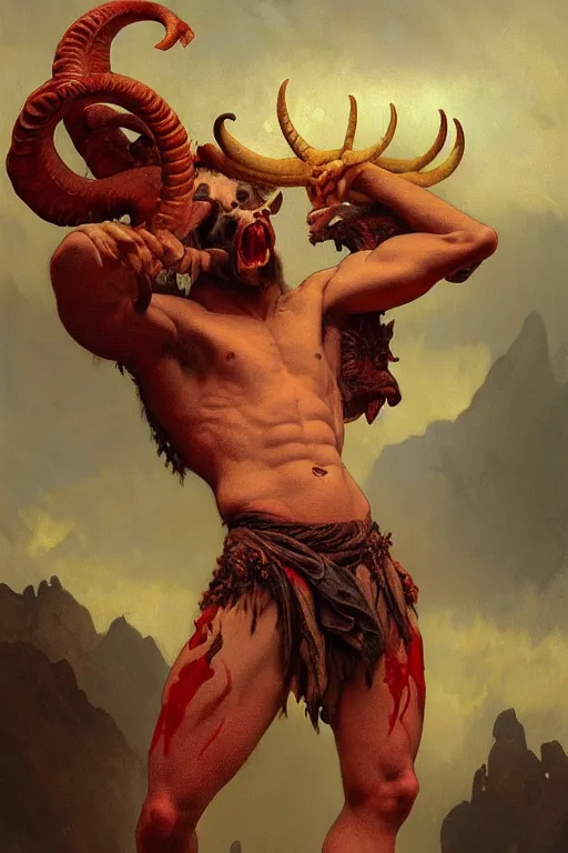 Image similar to portrait of a beautiful young fit male demon with ram horns, scaly torso and goat legs, hellish scene, by greg rutkowski and alphonse mucha, d & d character, gradient red to yellow, in front of an hellish landscape background, highly detailed portrait, digital painting, artstation, concept art, smooth, sharp focus ilustration, artstation hq