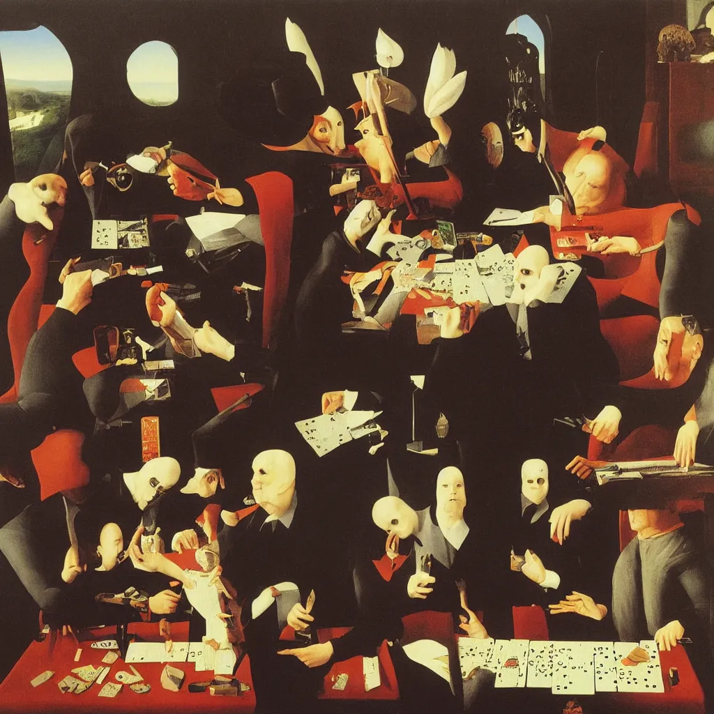 Image similar to Portrait of BILLY CORGAN PLAying DOMINOES. Painting by Jan van Eyck, Audubon, Rene Magritte, Agnes Pelton, Max Ernst, Walton Ford