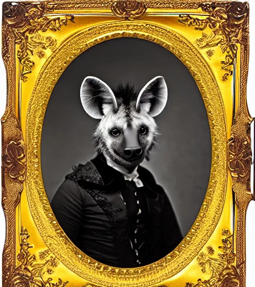 Image similar to professional studio photo portrait of anthro anthropomorphic spotted hyena head animal person fursona smug smiling wearing elaborate pompous royal king robes clothes gold frame by Louis Daguerre daguerreotype tintype