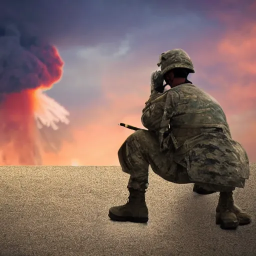 Image similar to A soldier in a combat exoskeleton slumped against a wall watching the sunset while smoking a cigarette as a nuke explodes in the background, 50mm lens, Pulitzer Prize Winner 2028, shot on a DSLR,