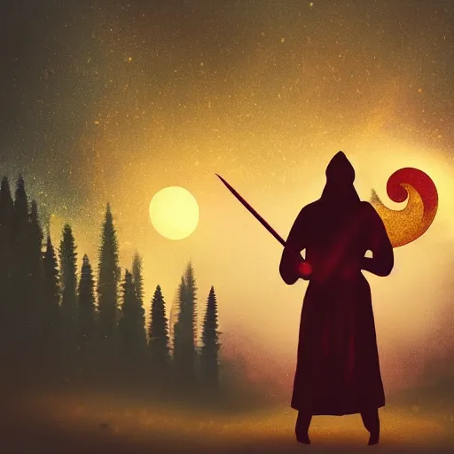 Image similar to golden man holding a sword obsidian sword sword on fire (Foggy forest backdrop) (red crescent moon) (white fog)