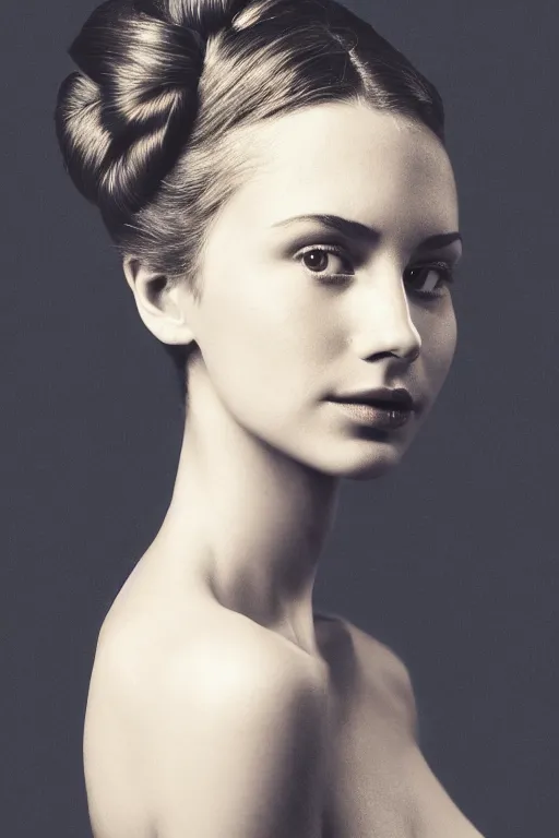 Prompt: photo portrait of the most beautiful woman, head centered portrait, hair styled in a bun, enigmatic natural beauty, little smile, head in focus, elegant, seducing, highly detailed, artistic, concept art, painterly, shot with hasselblad, photography, sharp focus, volumetric lights, art style by annie leibovitz and man ray