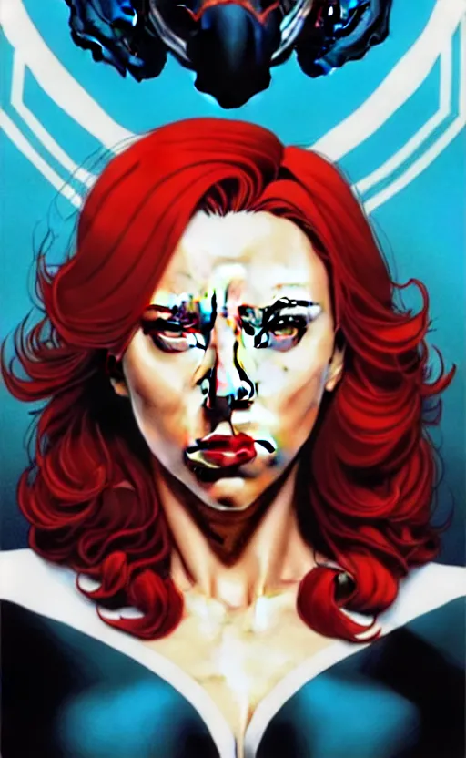 Image similar to rafeal albuquerque comic art, joshua middleton comic art, artgerm, cinematics lighting, night time, pretty scarlett johansson black widow, big smirk, symmetrical face, symmetrical eyes, long red hair, full symmetrical body, flying in the air, jumping off rooftop