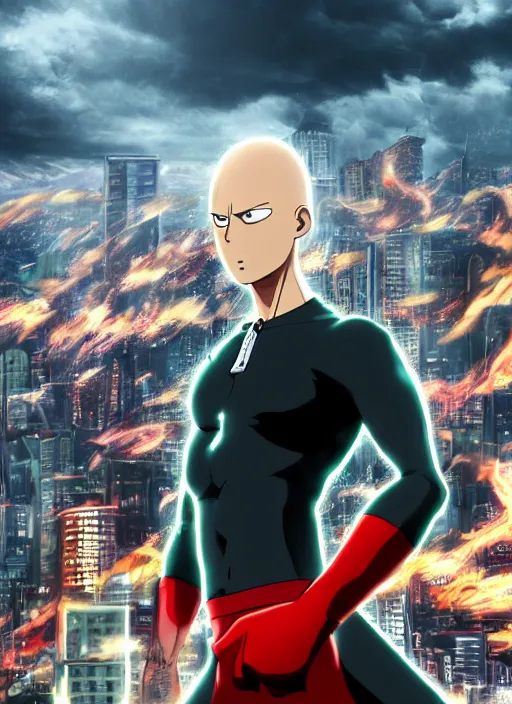 Realistic One Punch Man, city background, artistic, Stable Diffusion