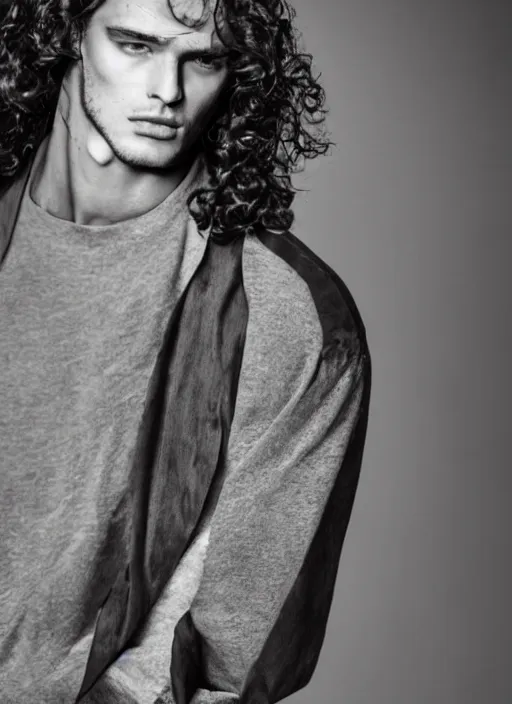 Image similar to a male model in designer clothes ; long curly hair ; pretty face ; high fashion ; editorial look ; unreal engine