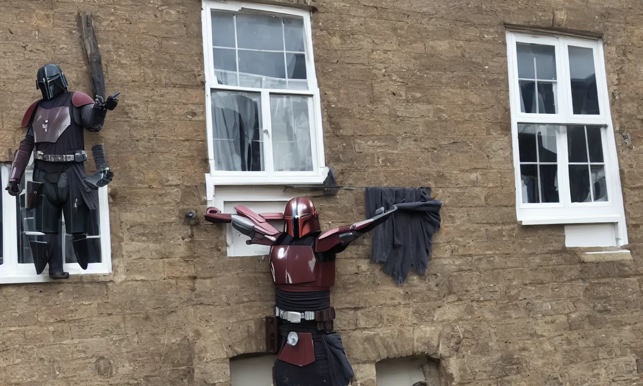 Image similar to photo of overweight mandalorian dismantling sash window in England