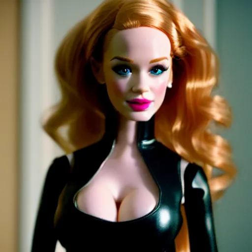 Image similar to amazing beautiful Christina Hendricks barbie doll wearing leather in the living room, film still from the movie directed by Denis Villeneuve , wide lens