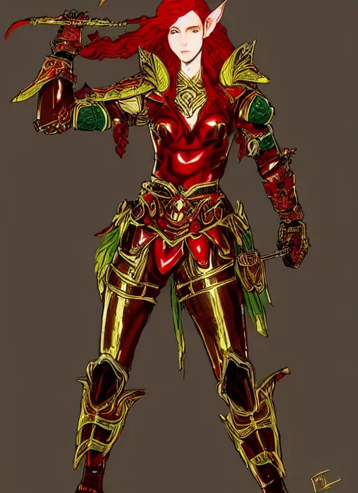 Prompt: Full body portrait of a handsome young red haired elven princess warrior wearing red, green and gold ornate leather armour and golden tiara. In style of Yoji Shinkawa and Hyung-tae Kim, trending on ArtStation, dark fantasy, great composition, concept art, highly detailed.