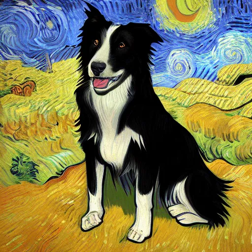 Image similar to a border collie by vincent van gogh, digital art, trending on artstation