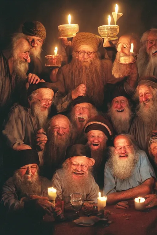 Prompt: a widescreen colorchrome photo of a cabinet full with old laughing happy old men with long hair, long beards, candle light, by steve mccurry