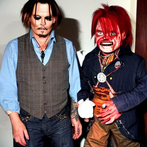 Prompt: Johnny Depp hanging out with Chucky the killer doll