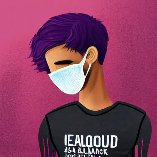 Image similar to professional digital art of a full-body view of a stylish young adult man with short hair wearing a black face mask, a striped long-sleeved shirt, and ripped jeans, high quality, HD, 8K, highly detailed, award-winning, dark purple clouds