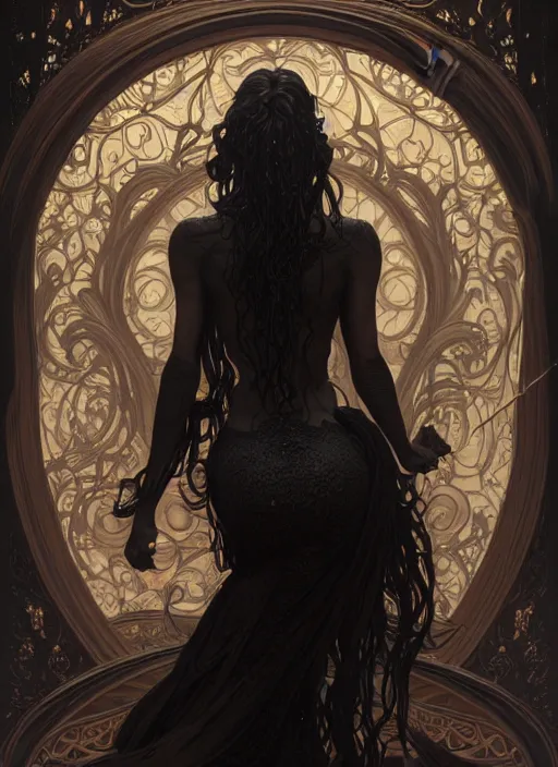 Prompt: a full body perspective of a stout preistess of moody elemental darkness, crooked nose, wet, fantasy, shiny, intricate, elegant, highly detailed, ultra definition, digital painting, artstation, vray, concept art, smooth, high speed photography, illustration, art by artgerm and greg rutkowski and alphonse mucha and james jean