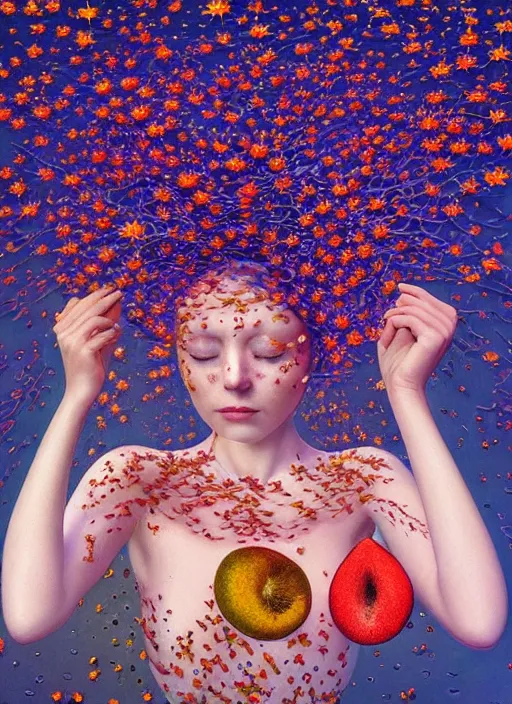 Image similar to hyper detailed 3d render like a Oil painting - Aurora (Singer) Eats of the Strangling Fruit of penance open eyes and Her Hands full of gossamer polyp blossoms bring iridescent fungal flowers whose spores black the foolish stars by Jacek Yerka, Mariusz Lewandowski, Houdini algorithmic generative render, Abstract brush strokes, Masterpiece, Edward Hopper and James Gilleard, Zdzislaw Beksinski, Mark Ryden, Wolfgang Lettl, hints of Yayoi Kasuma, octane render, 8k