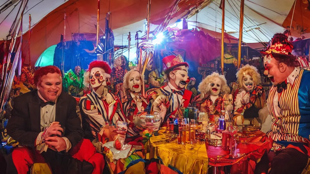 Prompt: of a gang of circus clowns, drinking alcohol, inside a circus tent, 8K
