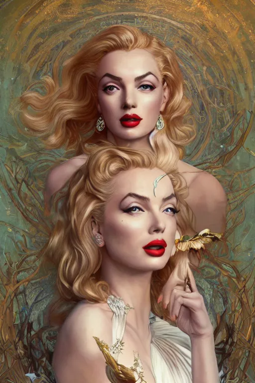 Image similar to ultra realistic illustration, a stunningly beautiful greek goddess of chaos played by marilyn monroe and christina hendricks and margot robbie and taylor swift and megan fox and emma stone and britney spears, intricate, elegant, highly detailed, digital painting, artstation, concept art, smooth, sharp focus, illustration, art by artgerm and greg rutkowski and alphonse mucha