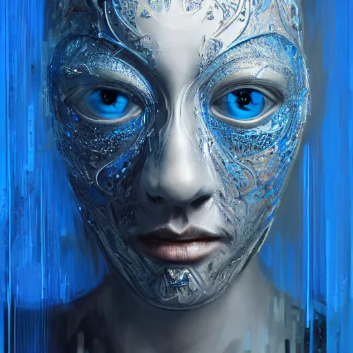 Image similar to Very very very very highly detailed epic central composition portrait of face with venetian mask, blue, intricate, dystopian, sci-fi, extremely detailed, digital painting, artstation, concept art, smooth, sharp focus, illustration, intimidating lighting, incredible art by Tokujin Yoshioka and Anton Pieck