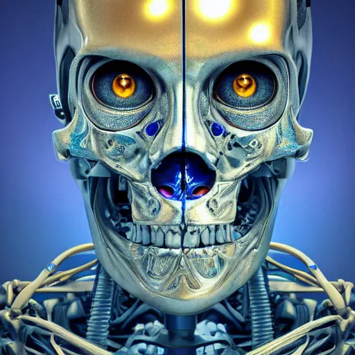 Prompt: hyperdetailed robotic skeleton head with blue human eyes, human eyes, symetry, golden ratio, iconography, intricate, detailed, volumetric lighting, scenery, digital painting, highly detailed, artstation, sharp focus, illustration, artstation, detailed vectorart