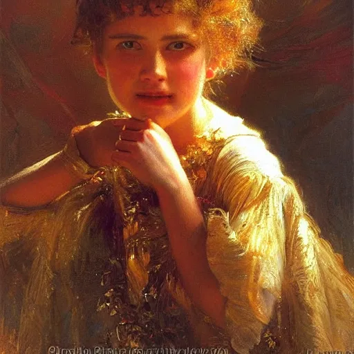 Prompt: portrait of a victorious young girl covered in blood in a golden light, highly detailed painting by gaston bussiere and j. c. leyendecker 8 k